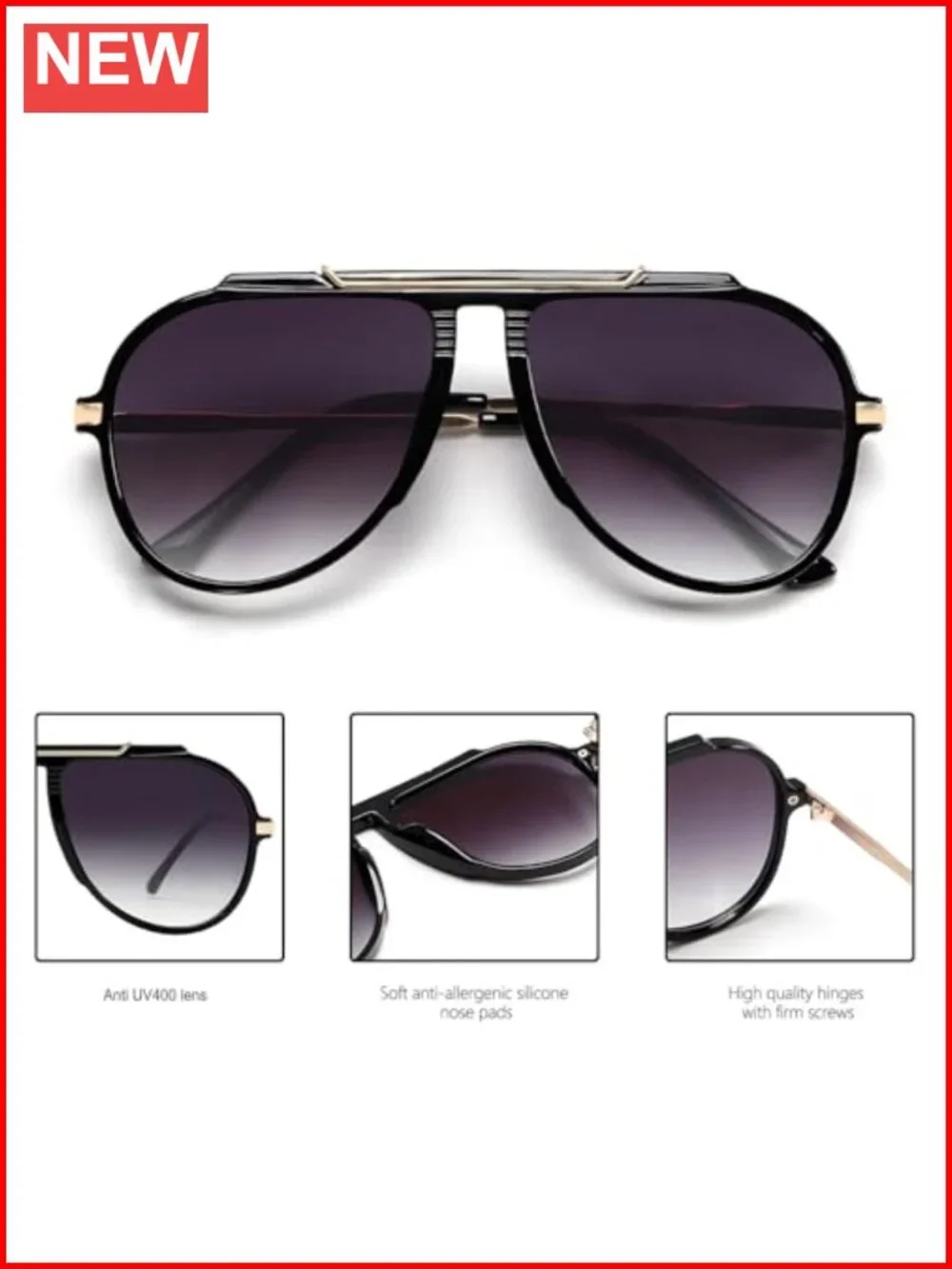 Oversized Aviator Sunglasses Gold Metal Retro 70s UV400